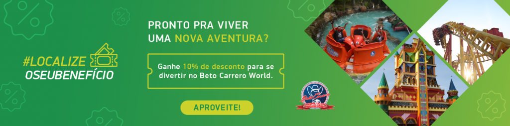 Banner da parceria entre a Localiza e o Parque Temático Beto Carrero World, que fica na cidade de Penha, Santa Catarina, Brasil. A parceria oferece desconto na ticket do parque para o cliente Localiza. É necessário clicar para acessar a página da promoção com as informações do desconto