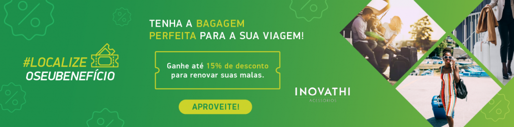 Banner da parceria entre a Localiza e a empresa de compra de malas, Inovathi, que oferece desconto  na compra para o cliente Localiza. É necessário clicar para acessar a página da promoção com as informações do desconto.