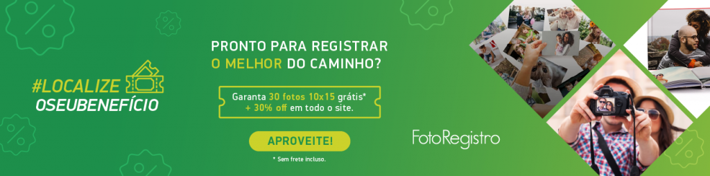 Banner clicável da parceria entre a Localiza e a empresa de revelação de fotos Foto Registro, que oferece desconto na revelação de fotografias para o cliente Localiza. É necessário clicar para acessar a página da promoção com as informações do desconto
