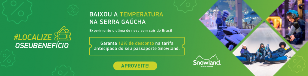Banner da parceria entre a Localiza e o Parque Temático Snowland em Gramado, no Rio Grande do Sul, Brasil, que oferece desconto no ingresso para o cliente Localiza, é necessário clicar para acessar a página da promoção com as informações do desconto